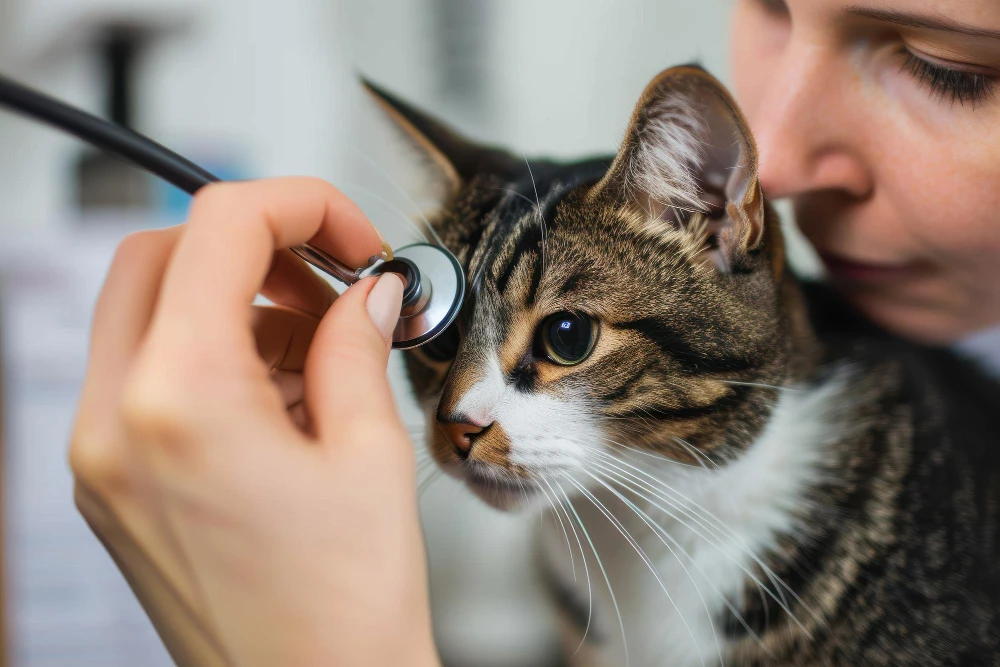 Chat examiné par un vétérinaire avec stéthoscope pour contrôle de santé