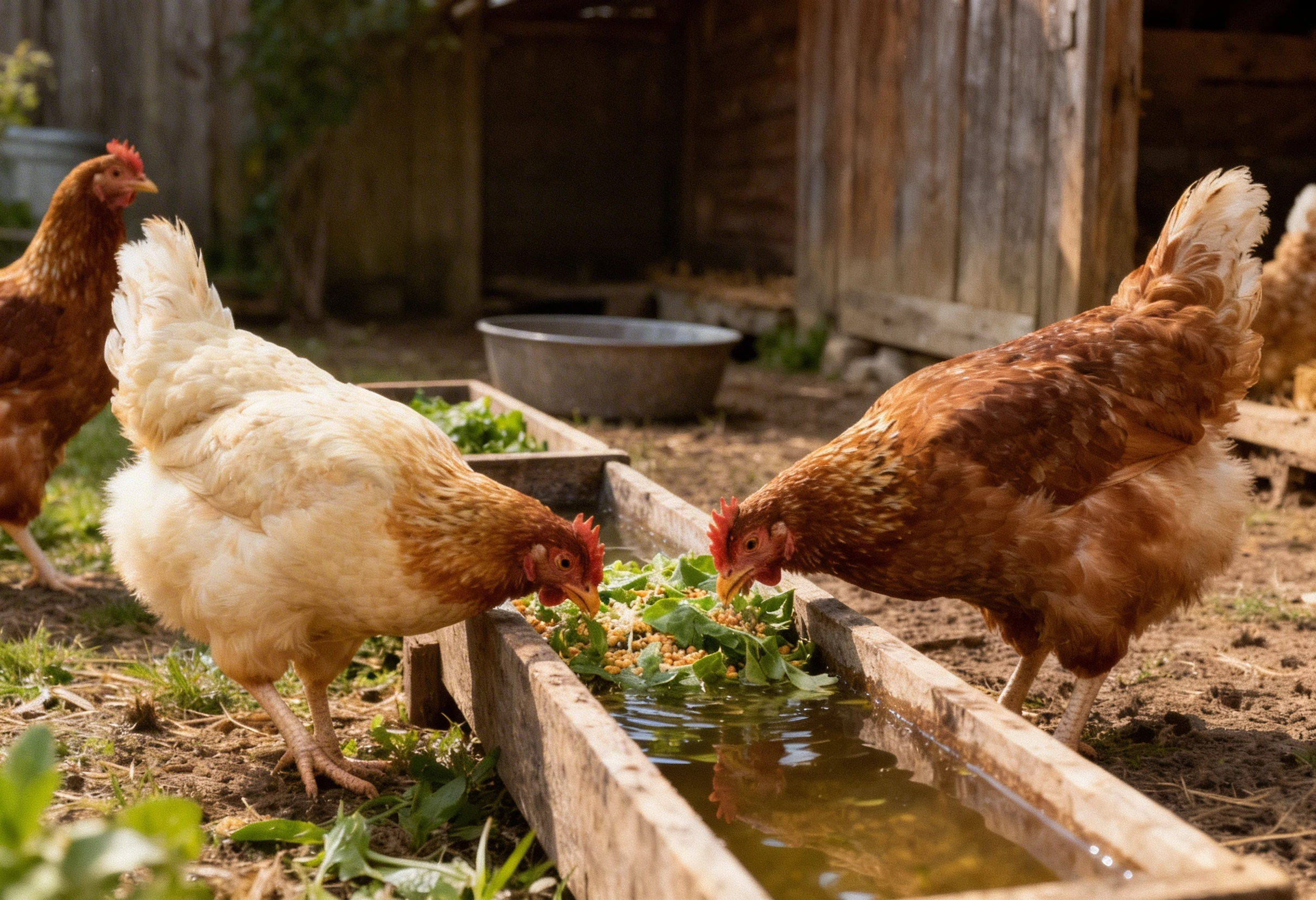 Poules dans un poulailler propre avec accès à la nourriture et à l’eau illustrant la santé du gallinacé