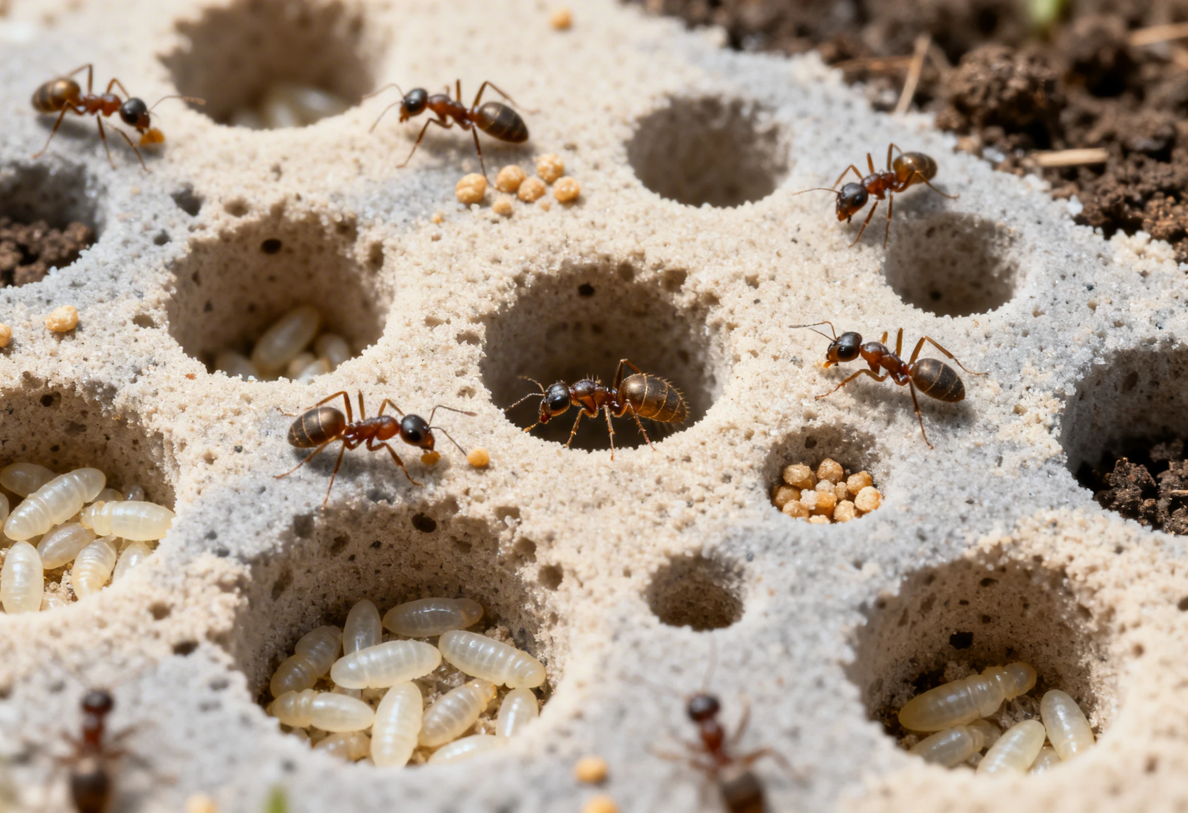 Fourmis dans une fourmilière avec larves et nourriture illustrant la santé d’un insecte