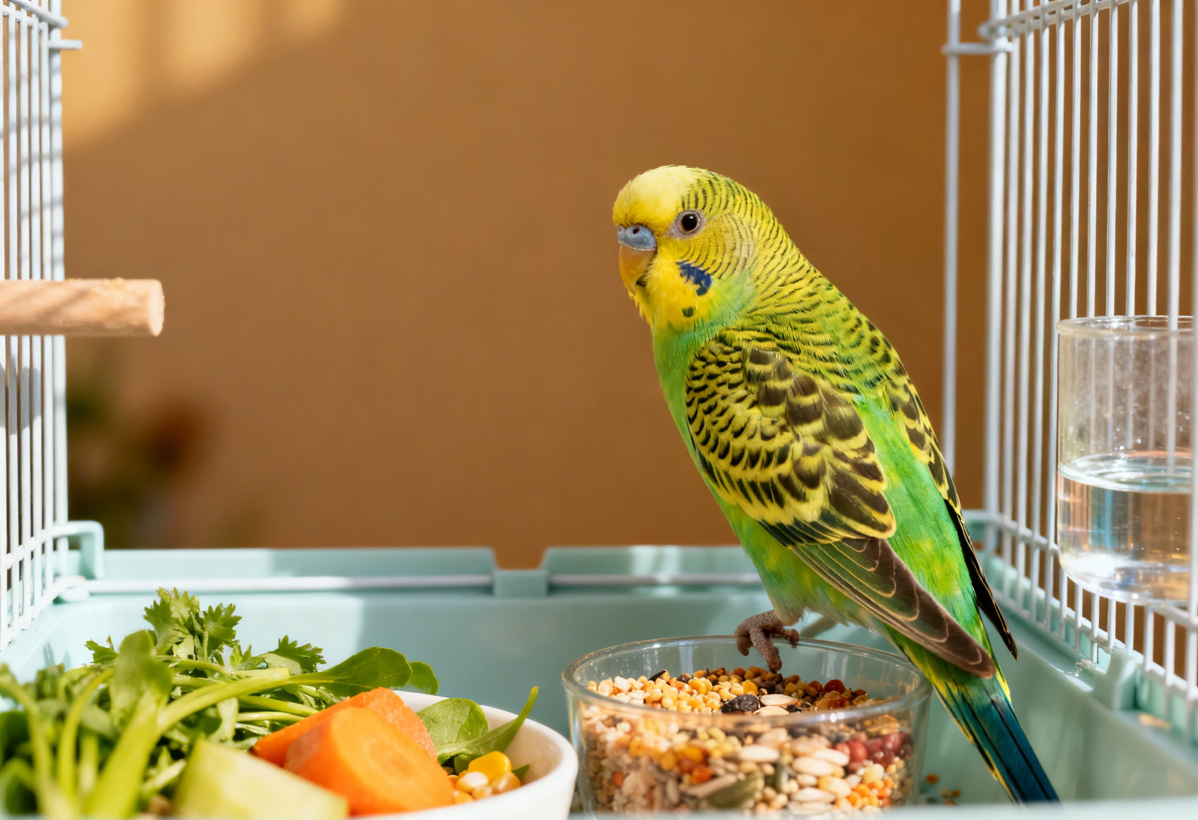 Perruche dans une cage avec graines, légumes et eau illustrant la santé d’un oiseau