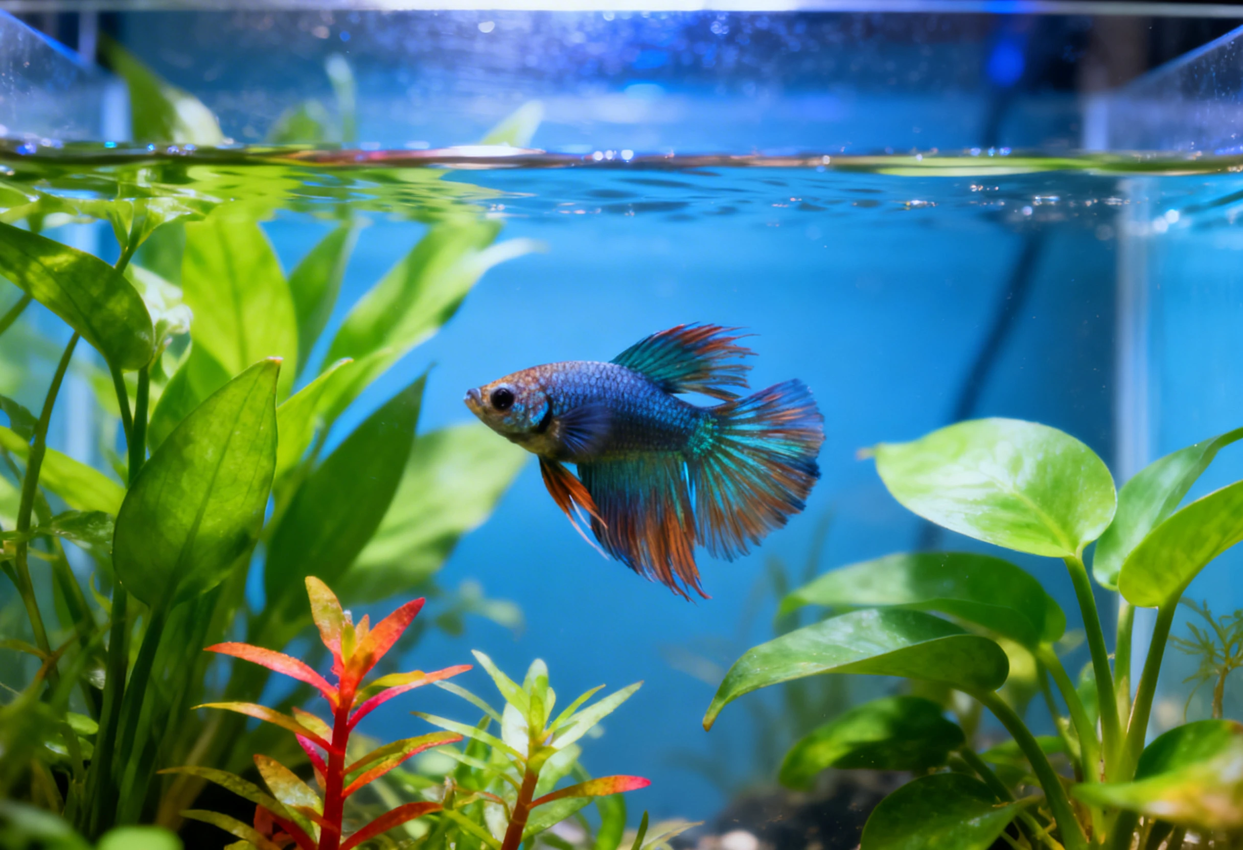 Poisson betta dans un aquarium planté avec eau claire illustrant la santé d’un poisson