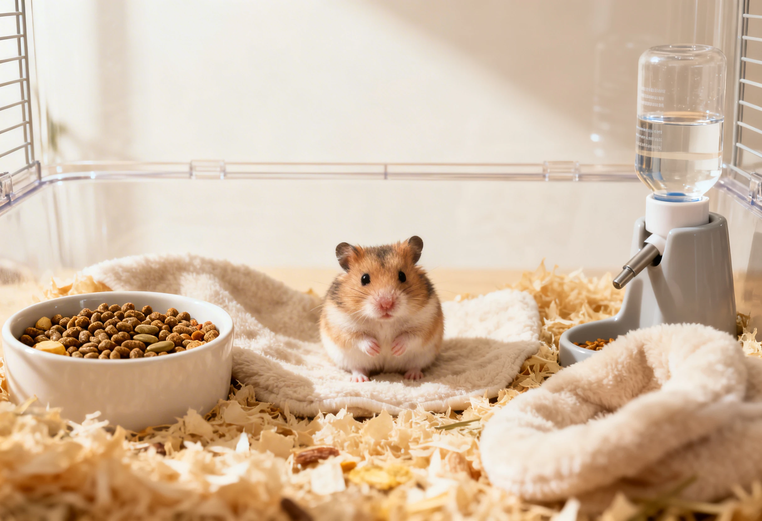 Hamster dans une cage propre avec nourriture et eau illustrant la santé d’un rongeur