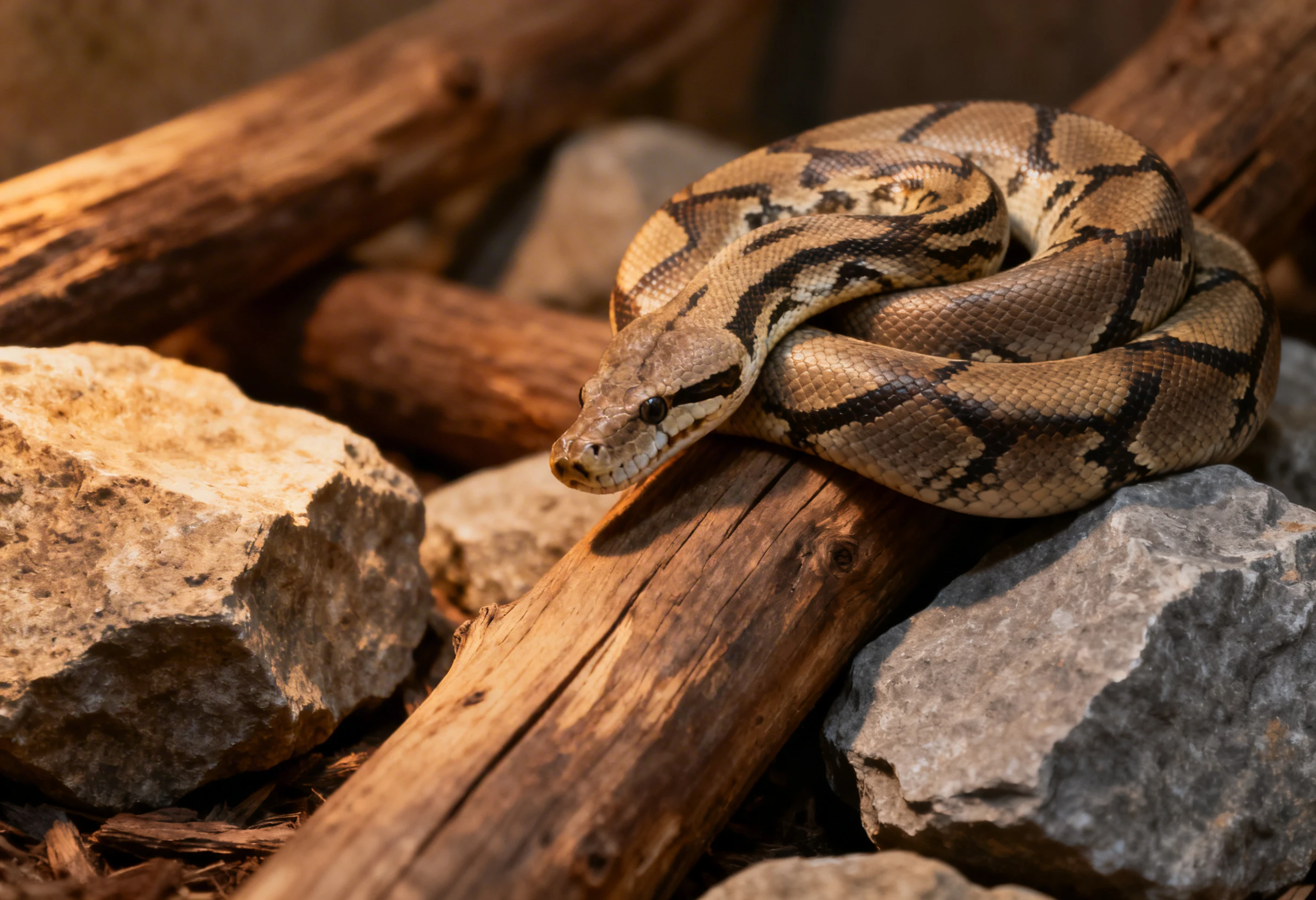 Serpent en terrarium avec décor naturel pour conseils d’entretien et de bien-être