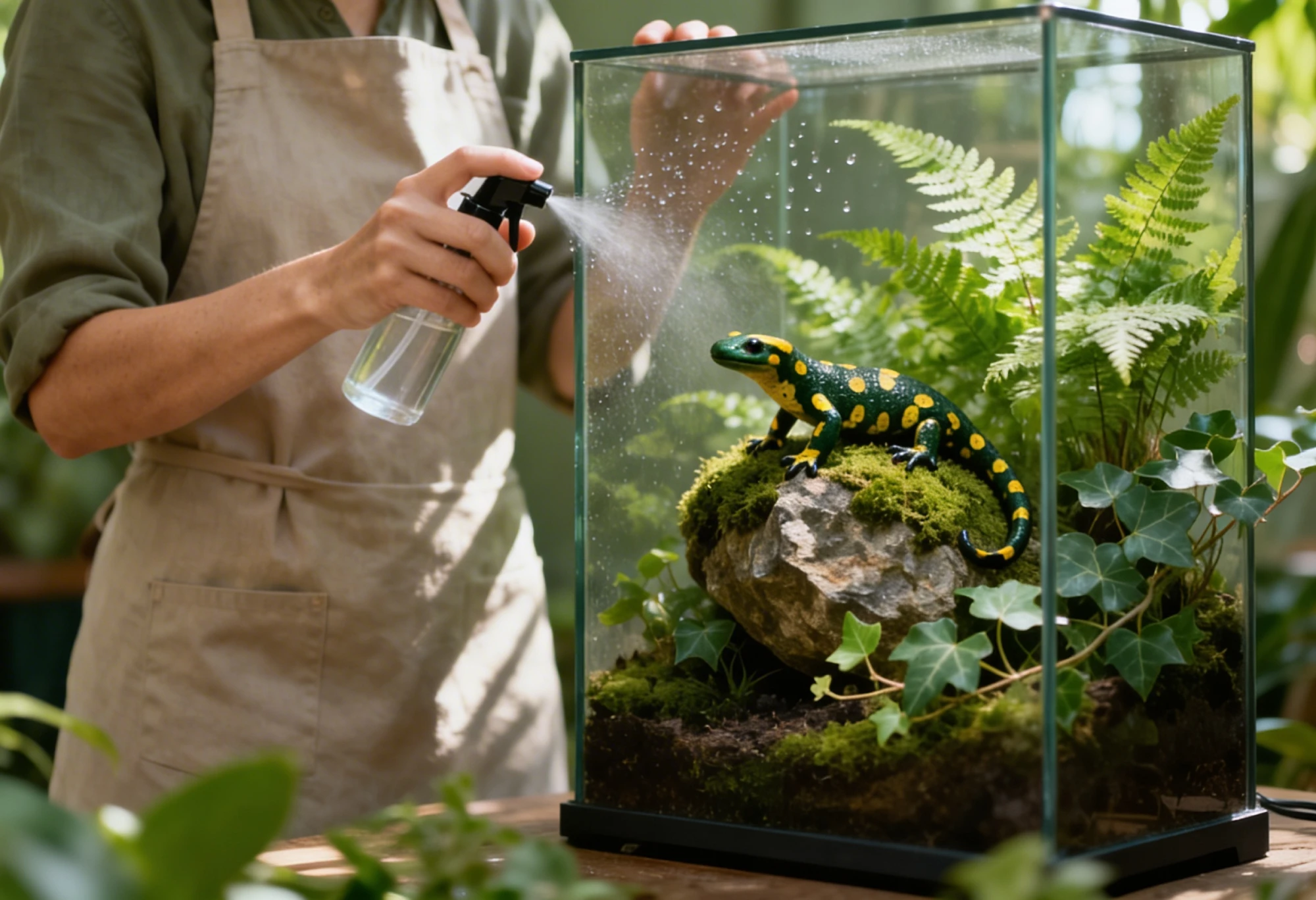 Personne humidifiant un terrarium pour s’occuper d’un amphibien dans un habitat adapté