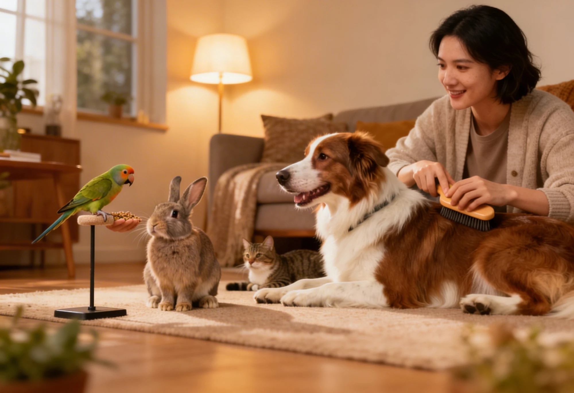 Personne s’occupant de plusieurs animaux de compagnie dont chien, chat, lapin et oiseau