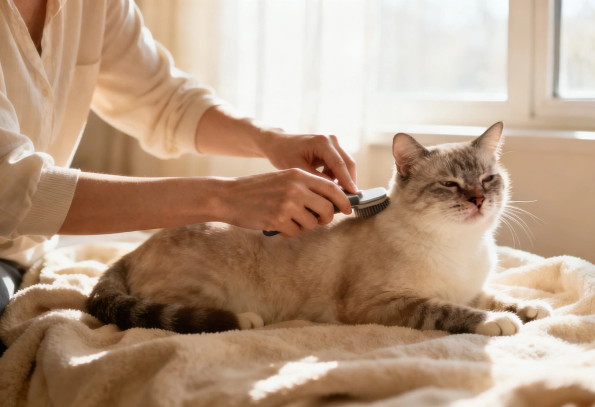 Personne brossant un chat pour illustrer les soins et l’entretien du pelage