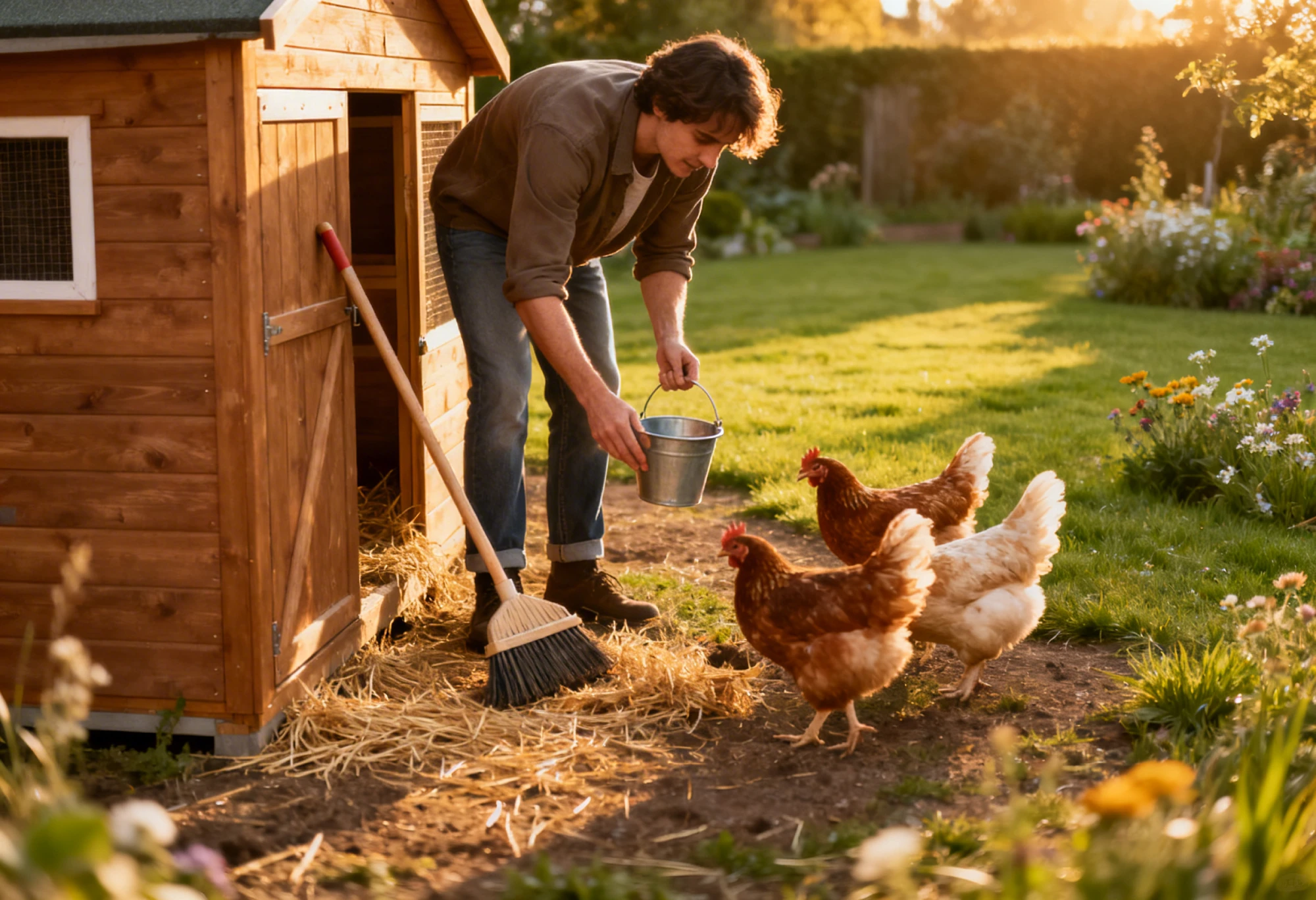 Personne s’occupant de poules en nettoyant le poulailler et en les nourrissant