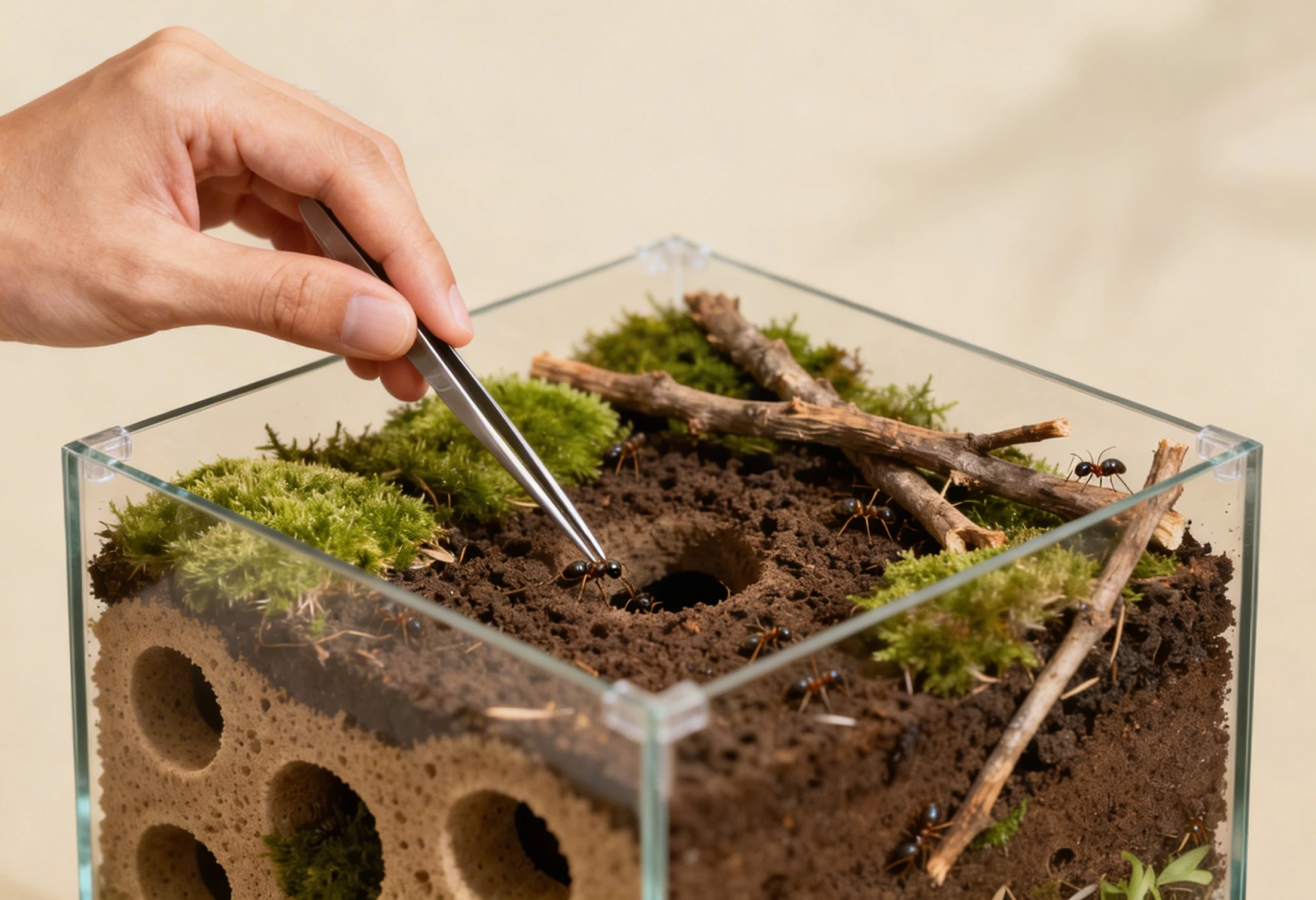 Personne entretenant un habitat de fourmis avec pince dans un terrarium