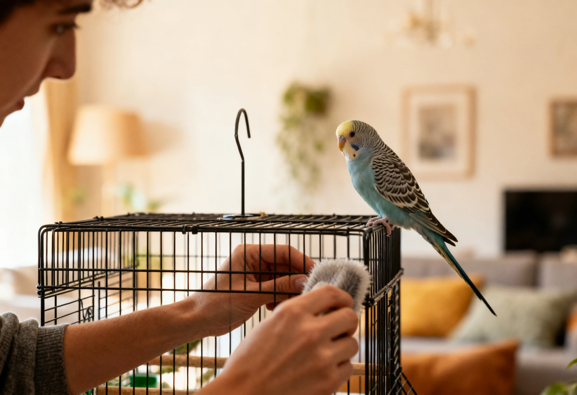 Personne nettoyant la cage d’un oiseau pendant qu’une perruche est posée dessus