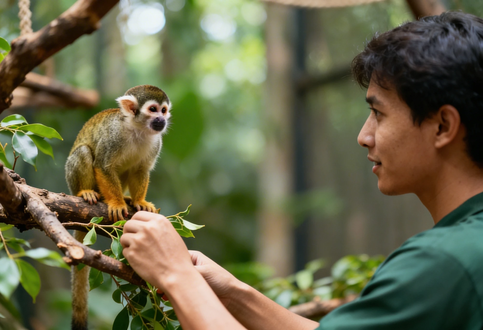 Personne s’occupant d’un primate perché sur une branche dans un environnement naturel
