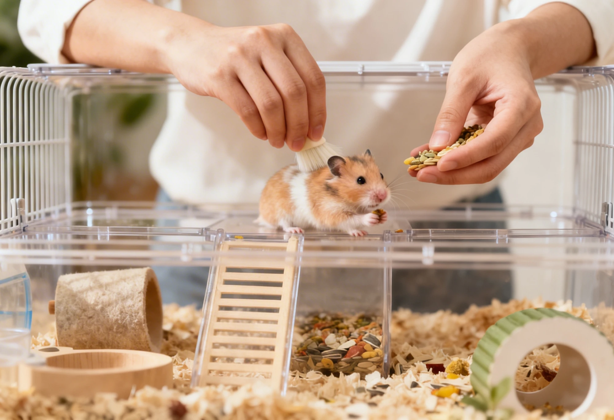 Personne s’occupant d’un hamster avec nourriture et soins dans une cage adaptée
