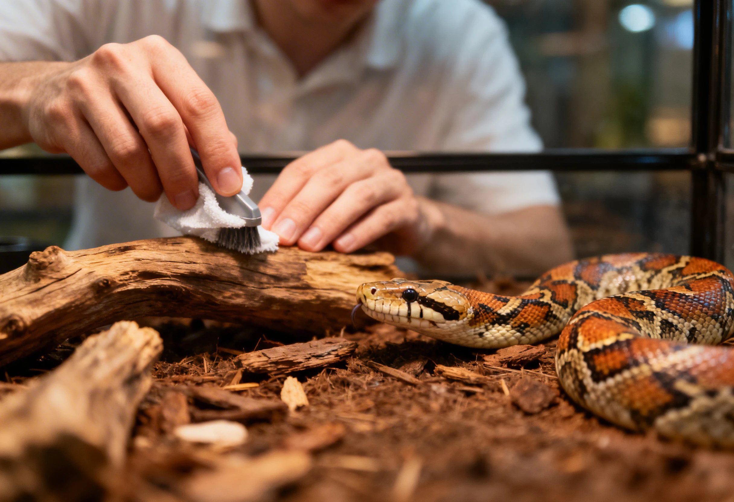 Personne nettoyant le terrarium d’un serpent avec un substrat et des éléments naturels