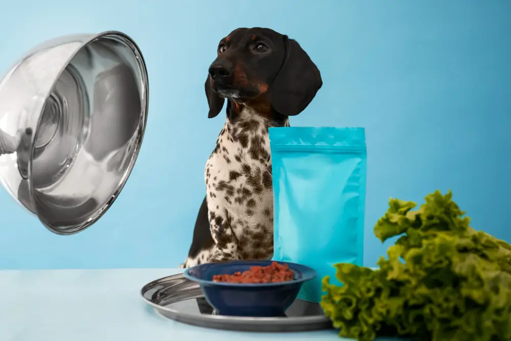 Chien devant une gamelle avec croquettes, légumes et sachet d'alimentation pour illustrer une alimentation équilibrée riche en nutriments pour chien