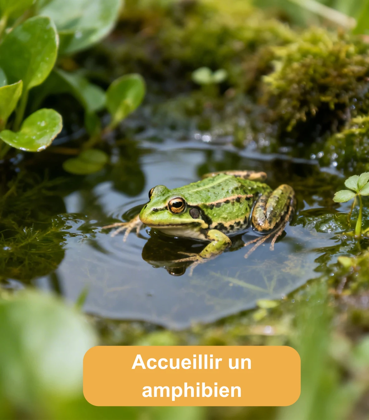 Grenouille verte dans un bassin naturel entouré de mousse et de plantes aquatiques