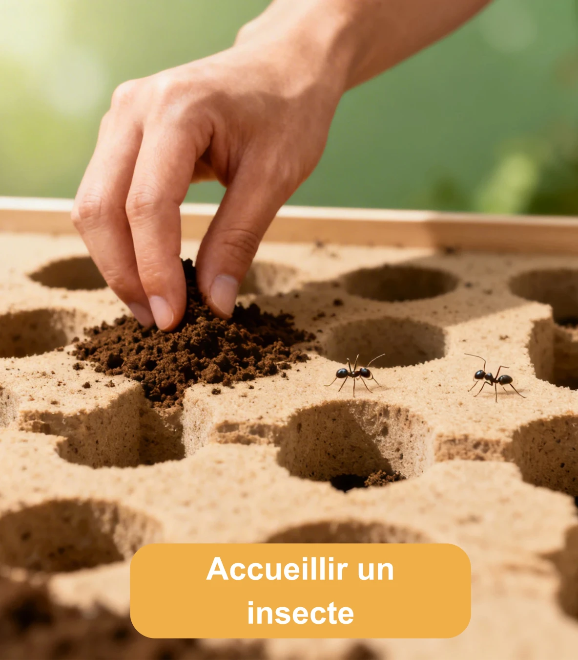 Personne ajoutant de la terre dans une fourmilière artificielle avec des fourmis