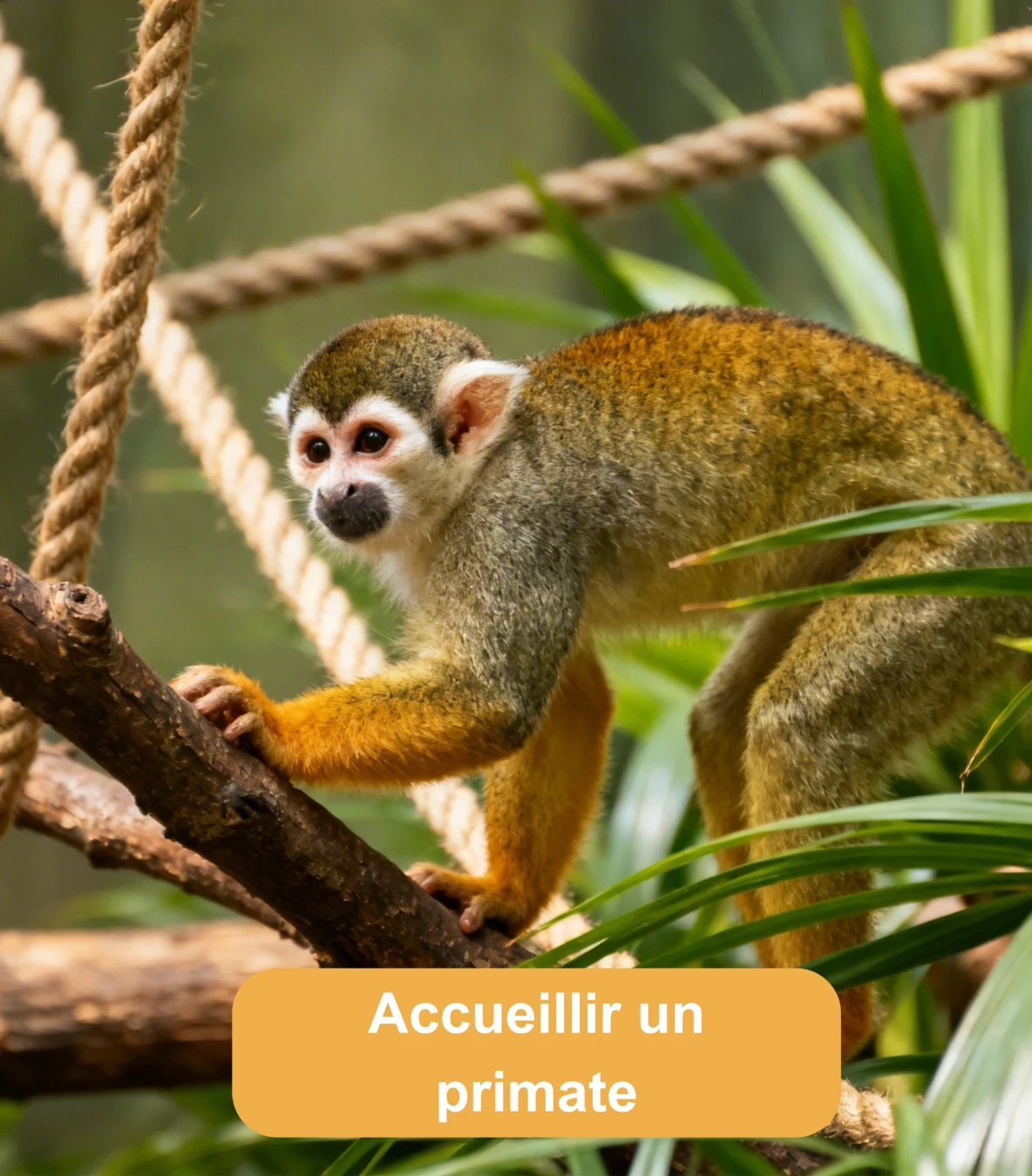 Petit singe évoluant sur des branches et cordes dans un environnement végétalisé