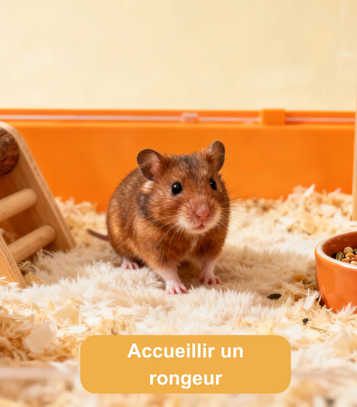 Hamster dans une cage aménagée avec litière, gamelle, biberon et accessoires en bois