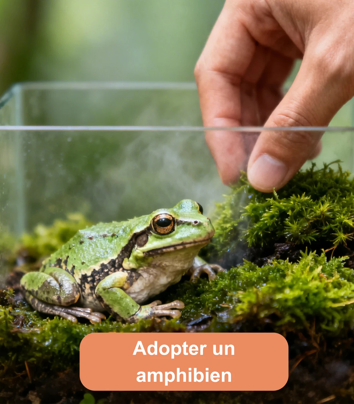 Personne ajoutant de la mousse dans un terrarium avec une grenouille verte