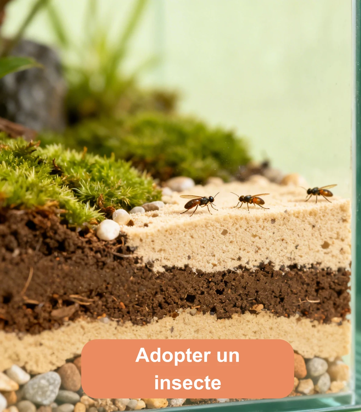 Fourmis évoluant dans un terrarium avec mousse, sable et galeries visibles