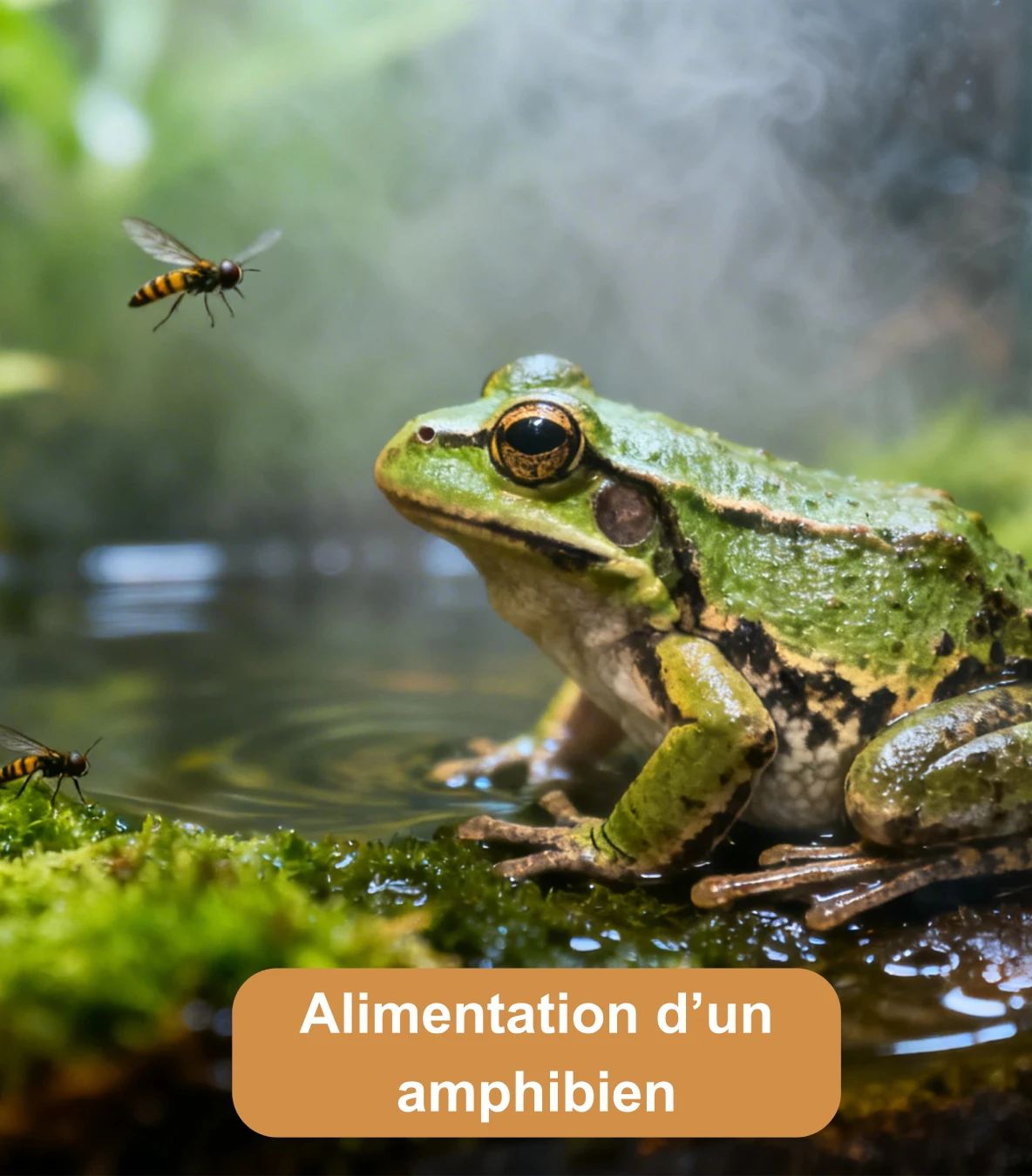 Grenouille verte observant des insectes au bord d’un point d’eau
