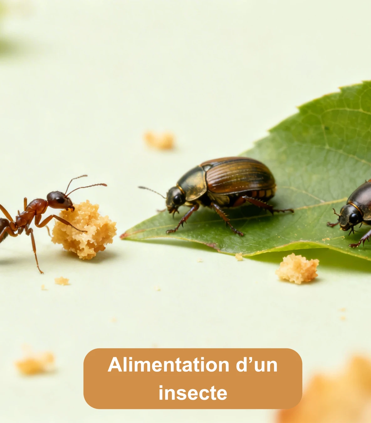 Fourmi et coléoptères près de miettes de nourriture sur une feuille verte