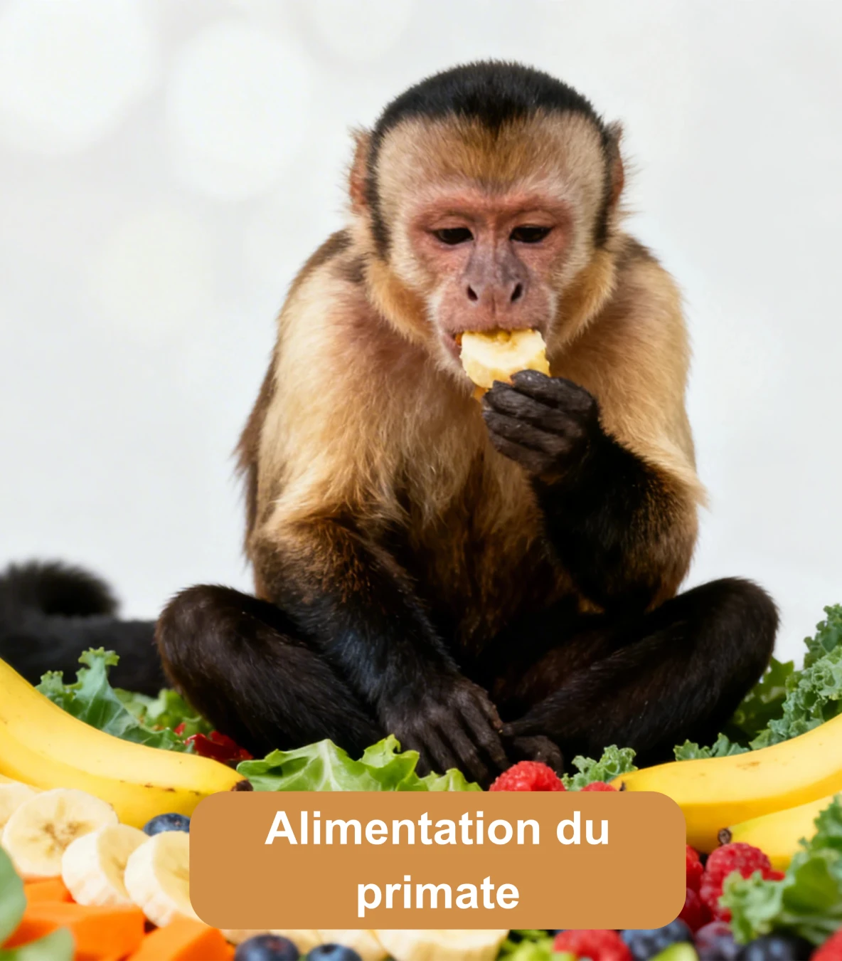 Singe mangeant un fruit entouré de bananes, légumes et baies