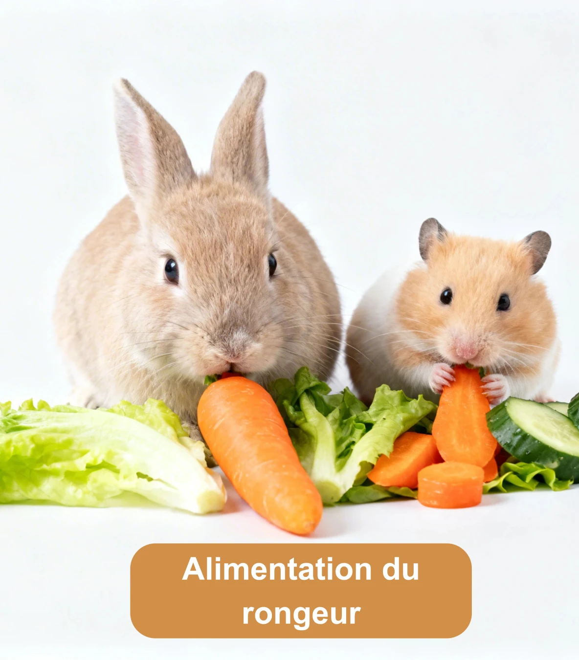 Lapin et hamster mangeant des légumes frais avec carottes, salade et concombre