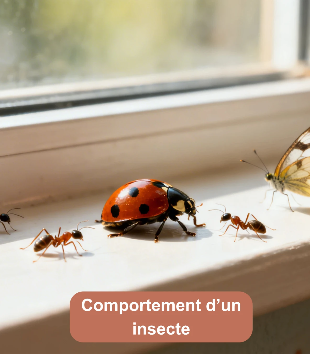 Coccinelle, fourmis et papillon observés sur le rebord d’une fenêtre