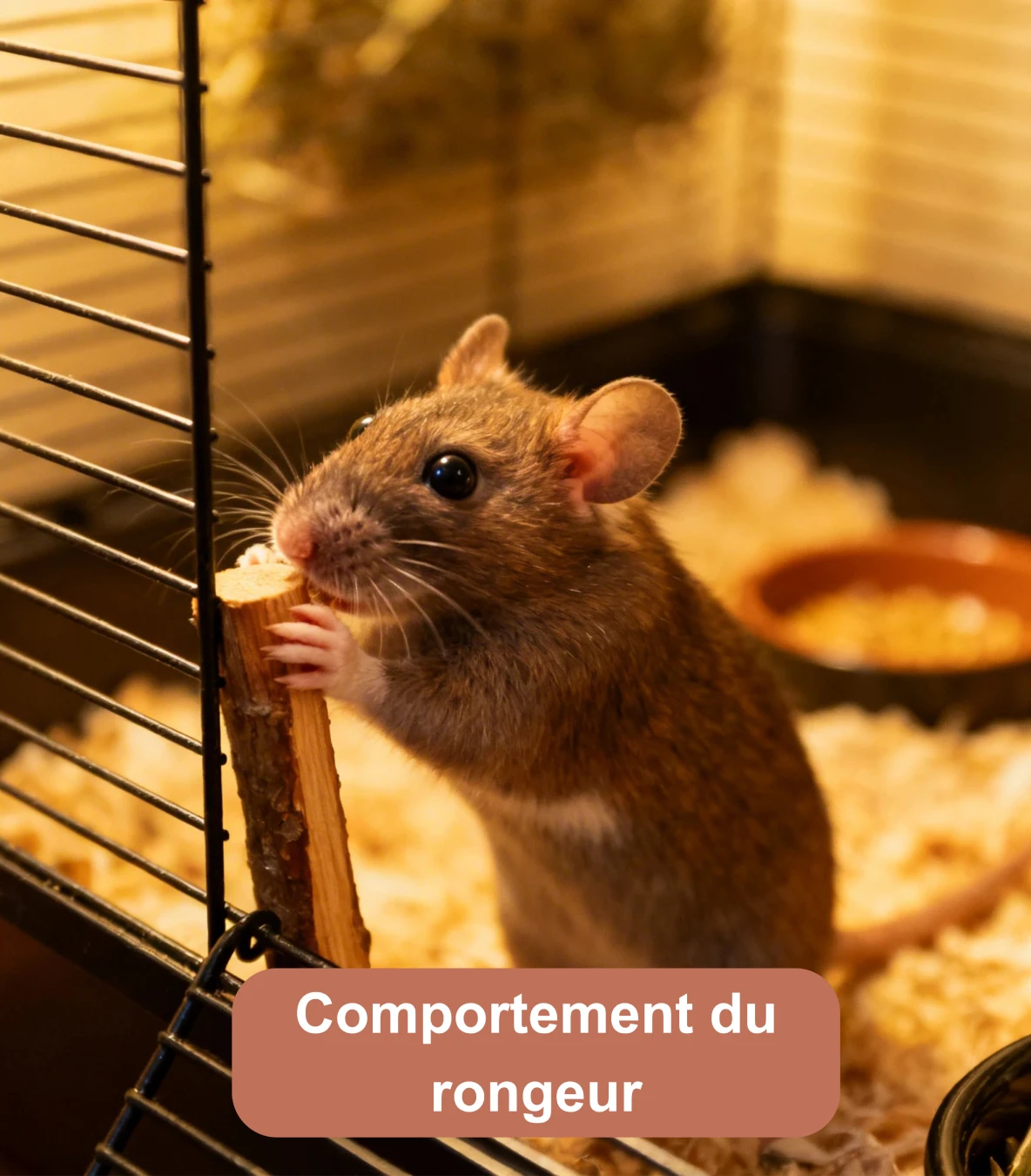 Petit rongeur debout dans sa cage près d’un accessoire en bois
