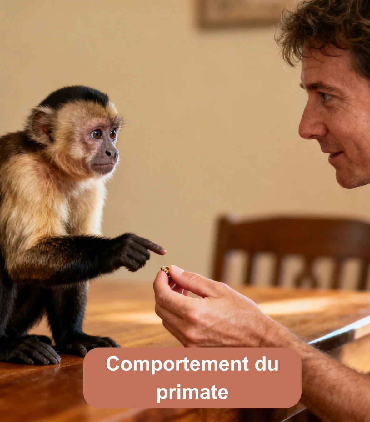 Primate interagissant avec une personne qui lui propose une friandise