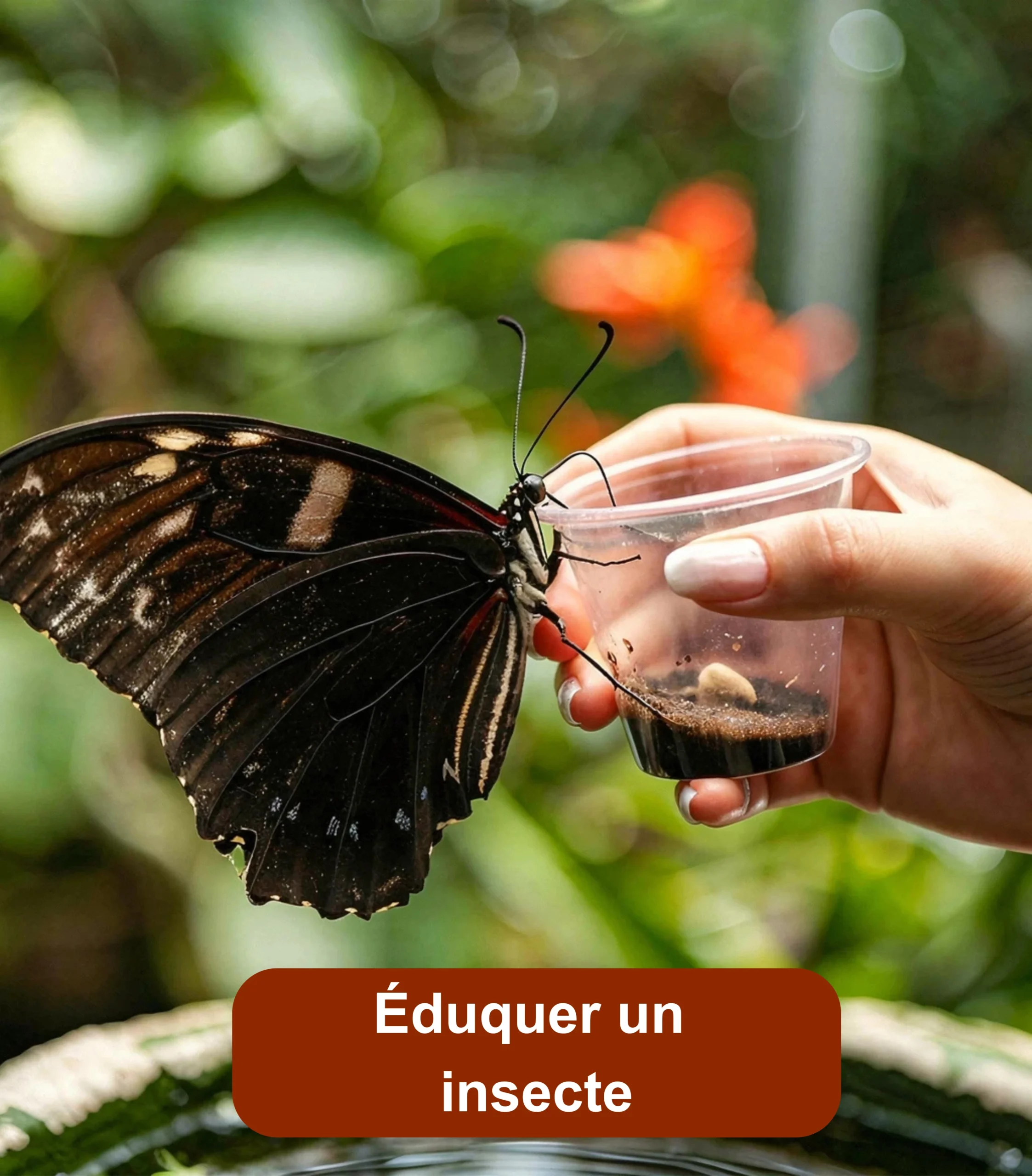 Papillon noir posé sur un récipient tenu par une personne dans un environnement végétalisé