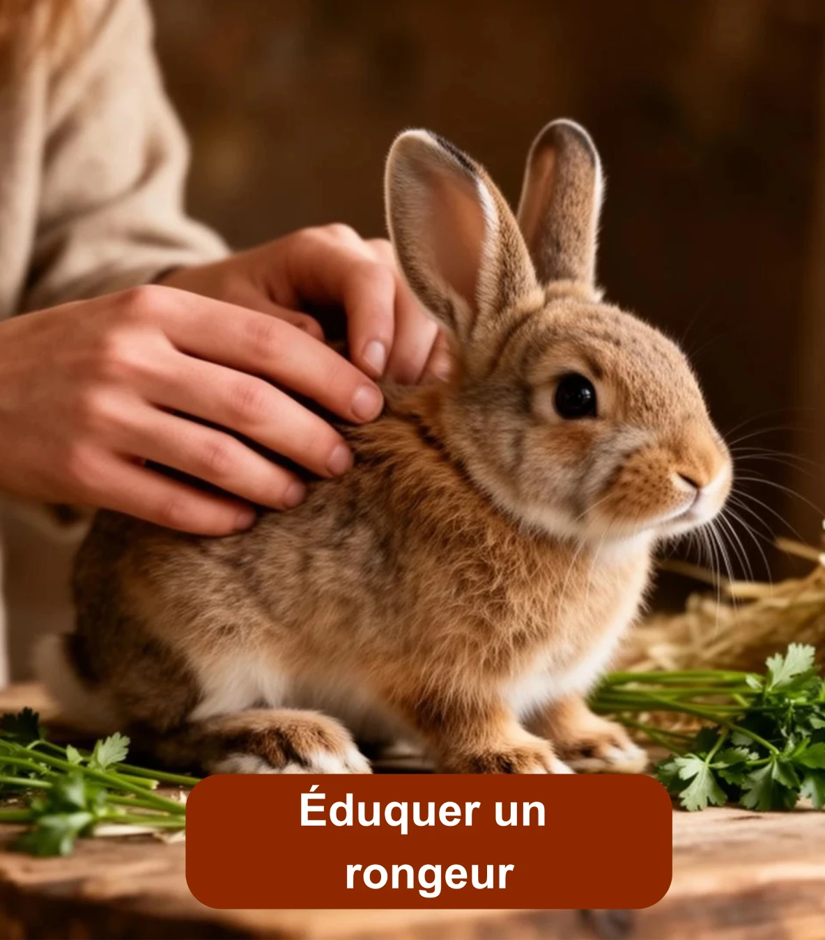 Lapin caressé par une personne sur une table avec du foin et des herbes fraîches