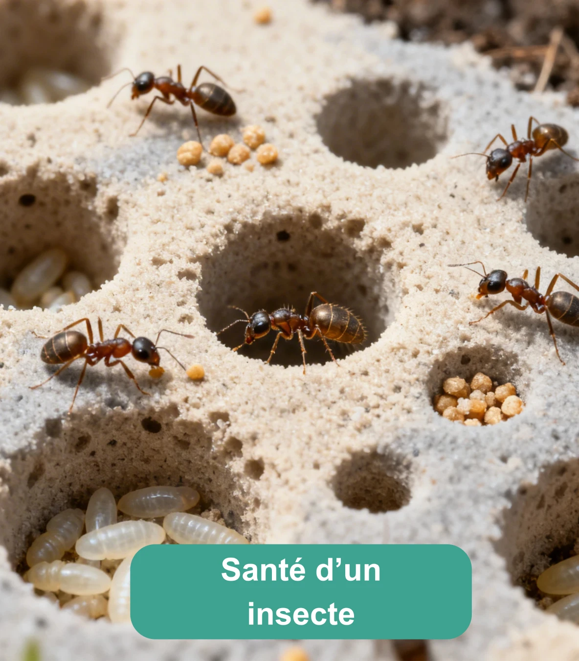 Fourmis dans une fourmilière artificielle avec galeries, œufs et réserves de nourriture
