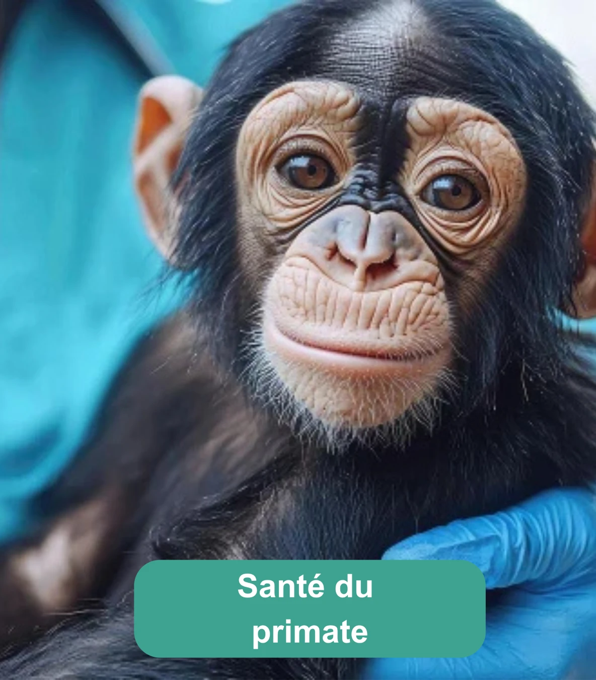 Jeune primate examiné avec des gants bleus lors d’un contrôle de santé