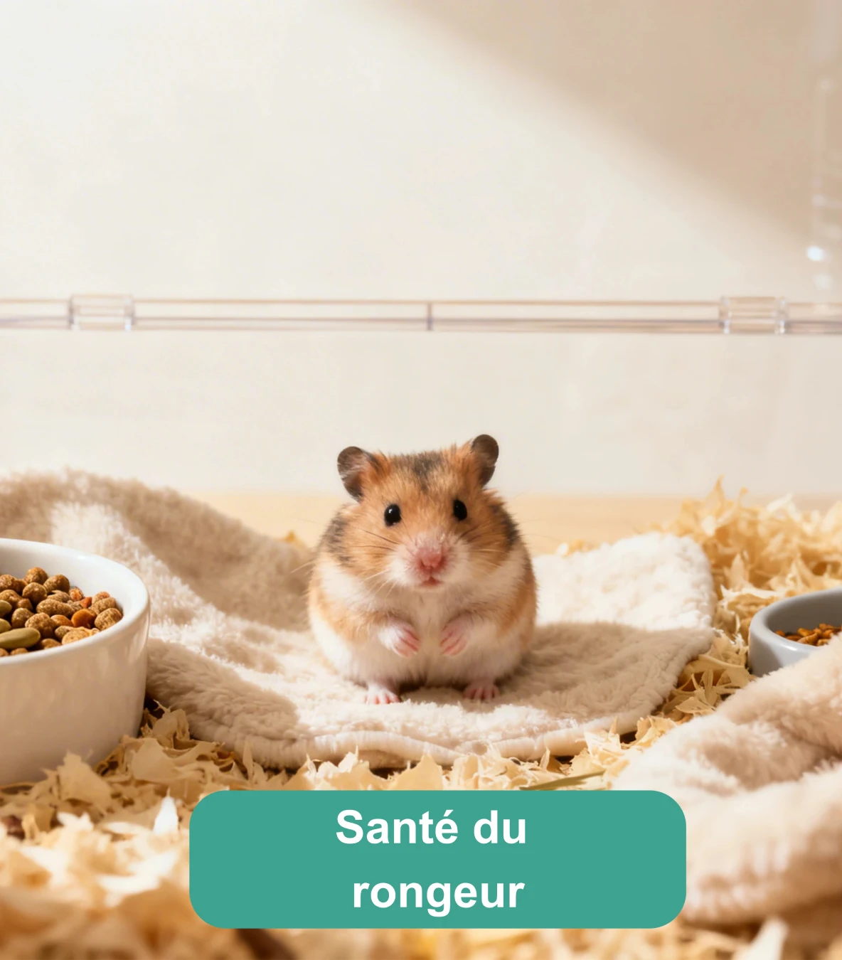 Hamster dans son habitat avec gamelle, biberon, litière et couchage douillet
