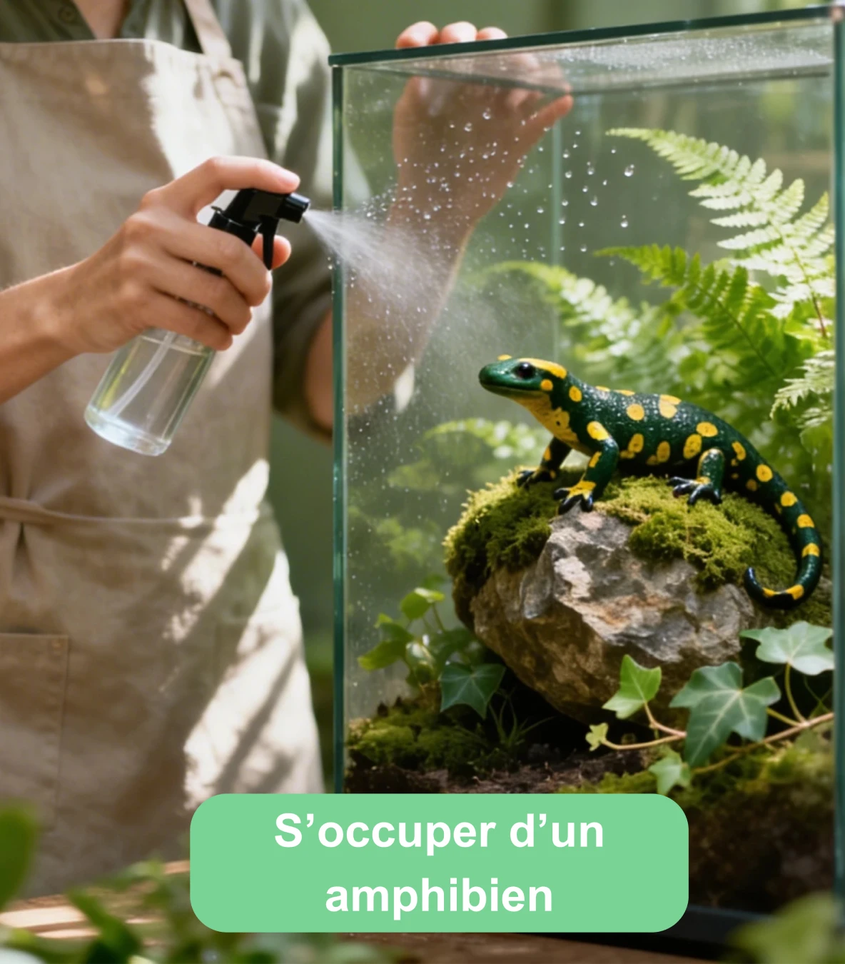 Personne vaporisant de l’eau dans un terrarium aménagé pour une salamandre