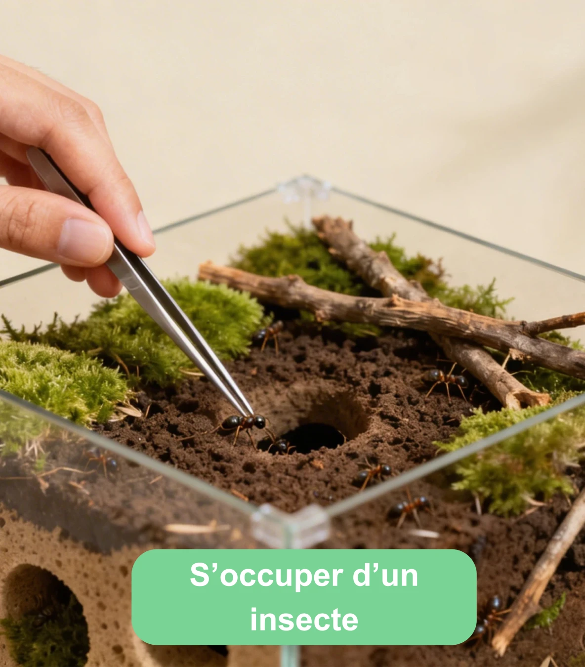 Personne manipulant des fourmis avec une pince dans un terrarium aménagé avec mousse, terre et branches