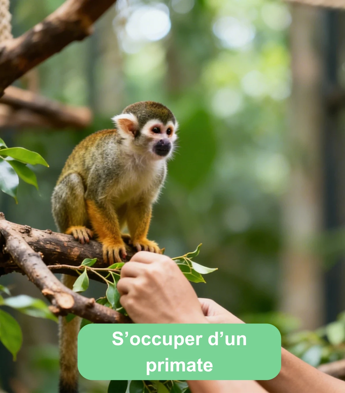 Petit singe perché sur une branche pendant qu’une personne lui tend des feuilles
