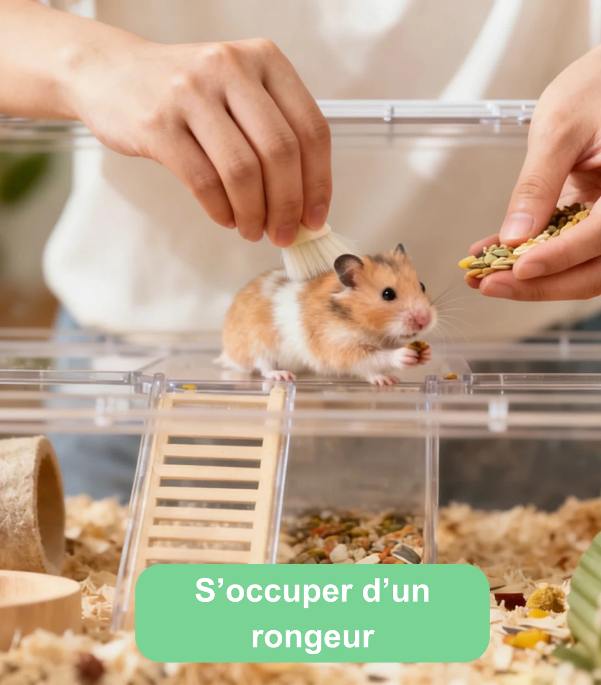 Personne nourrissant et brossant un hamster dans une cage aménagée