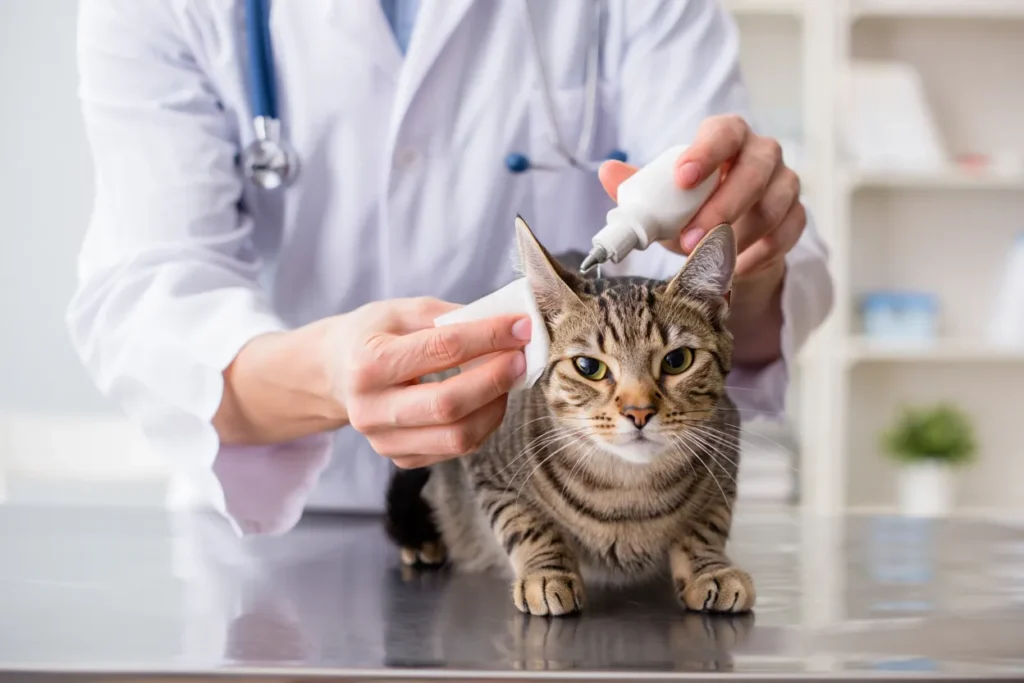 Nettoyage des oreilles du chat chez le vétérinaire avec solution adaptée