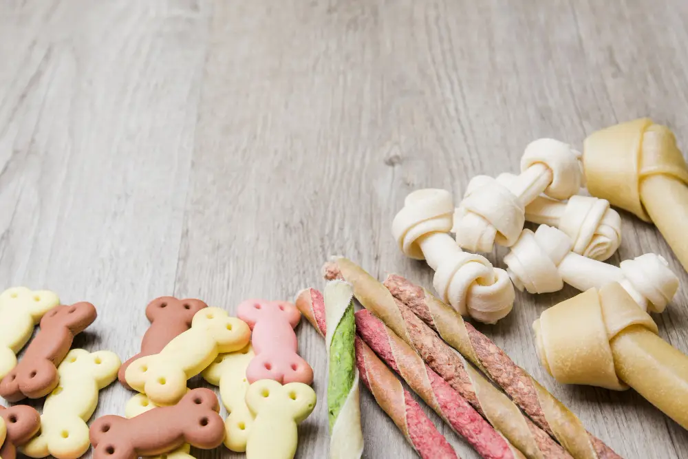 Assortiment de friandises pour chien avec os à mâcher et biscuits maison sur une table