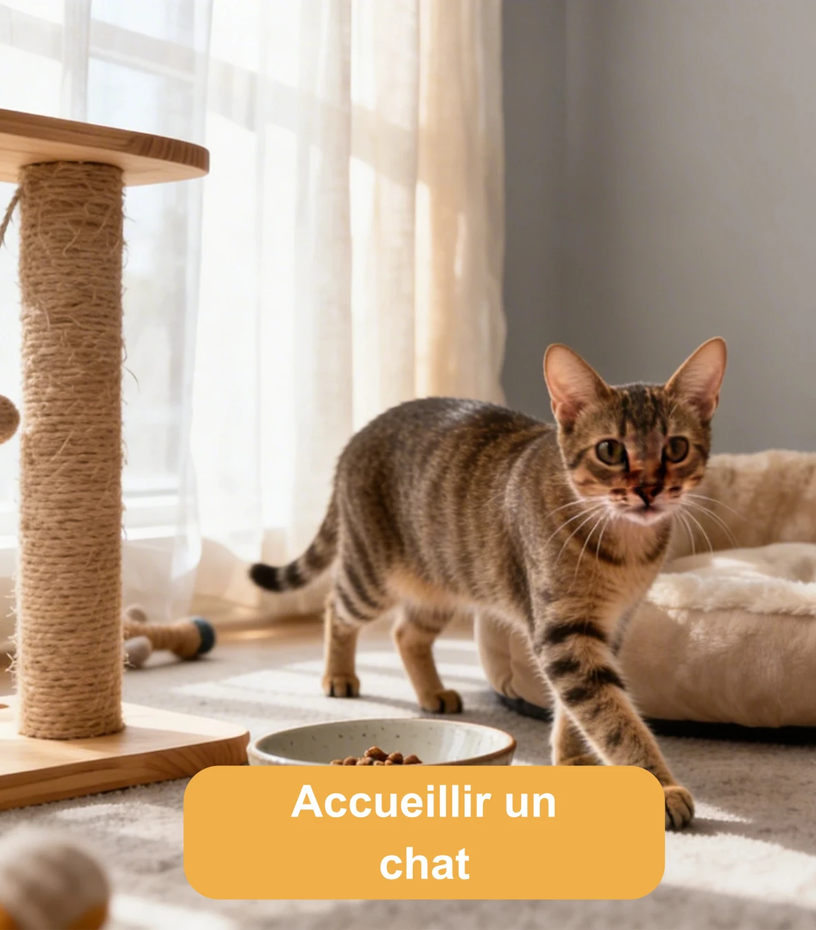 Chat tigré découvrant un intérieur aménagé avec arbre à chat, panier et gamelle