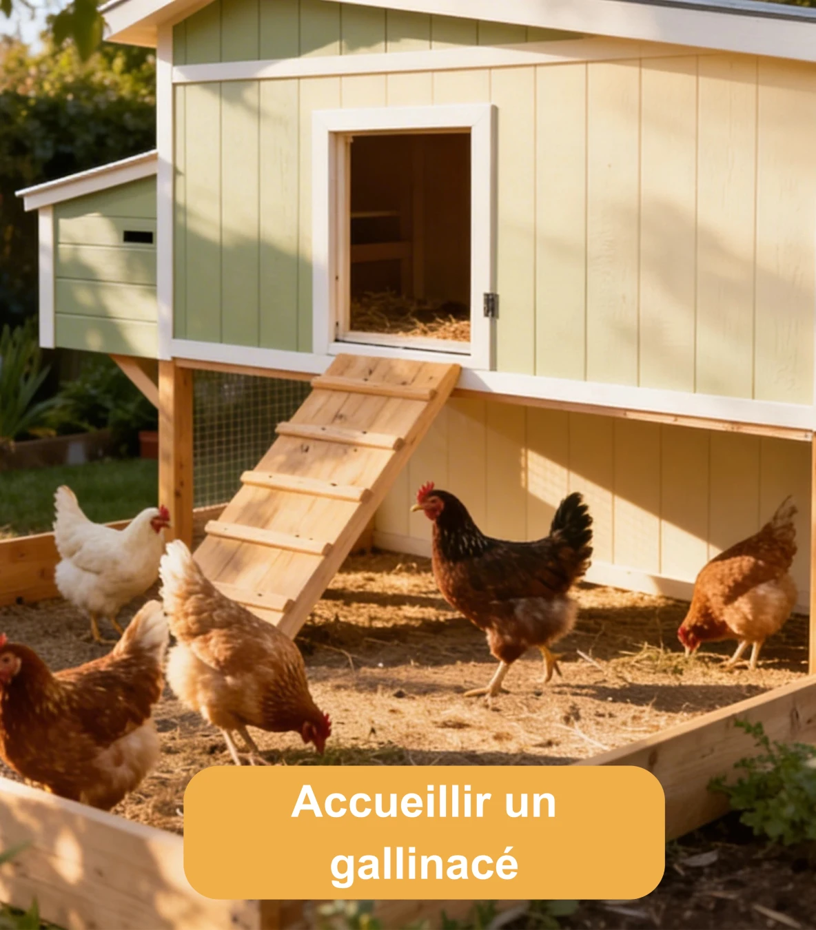 Poules dans un enclos devant un poulailler en bois avec rampe d’accès
