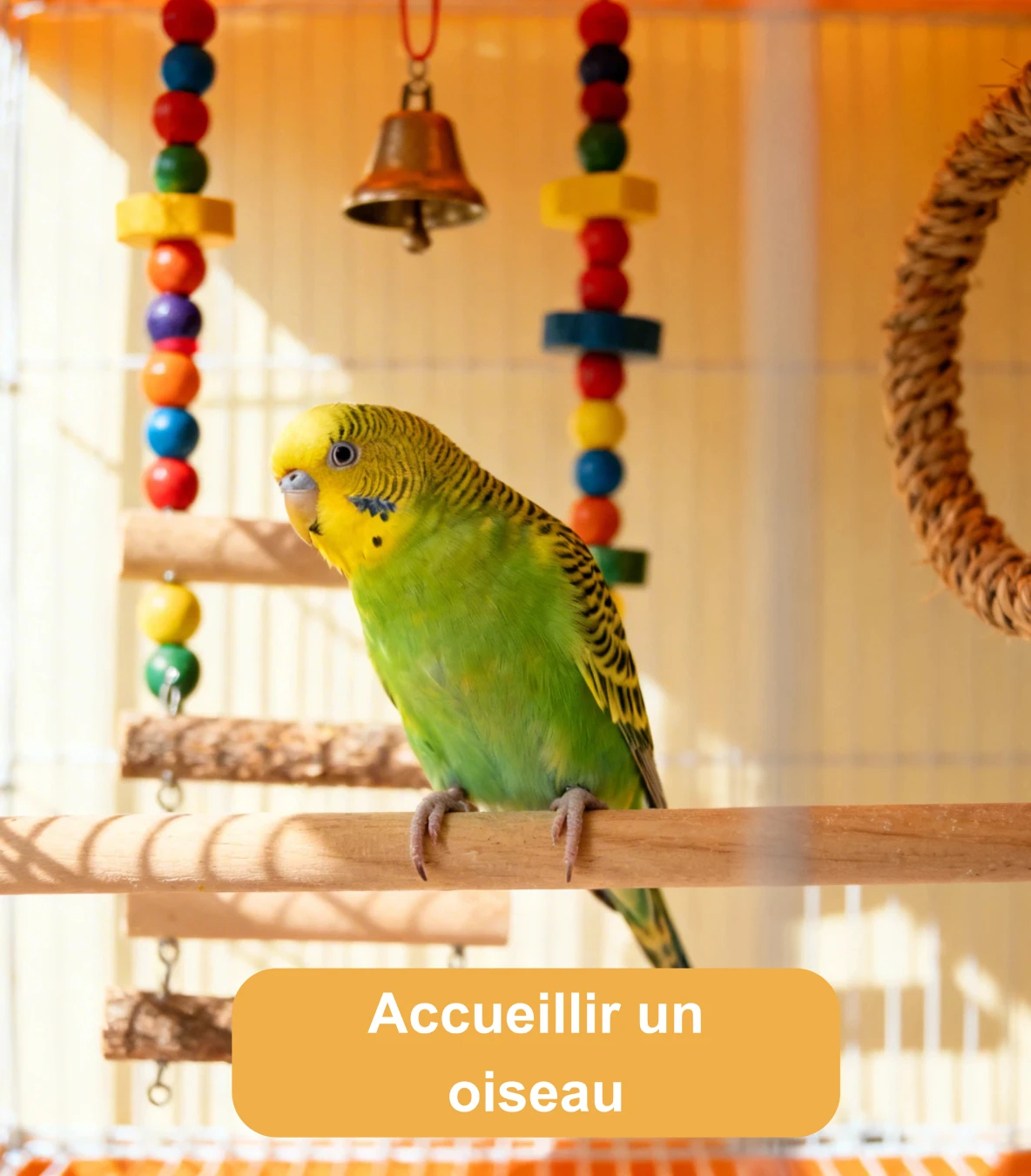 Perruche verte et jaune perchée dans une cage avec jouets colorés