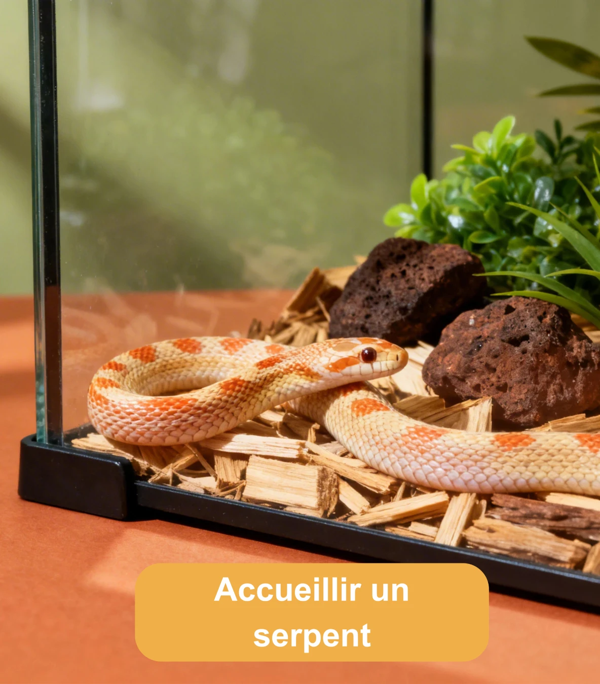 Serpent orange et blanc dans un terrarium aménagé avec copeaux de bois, roches et plantes