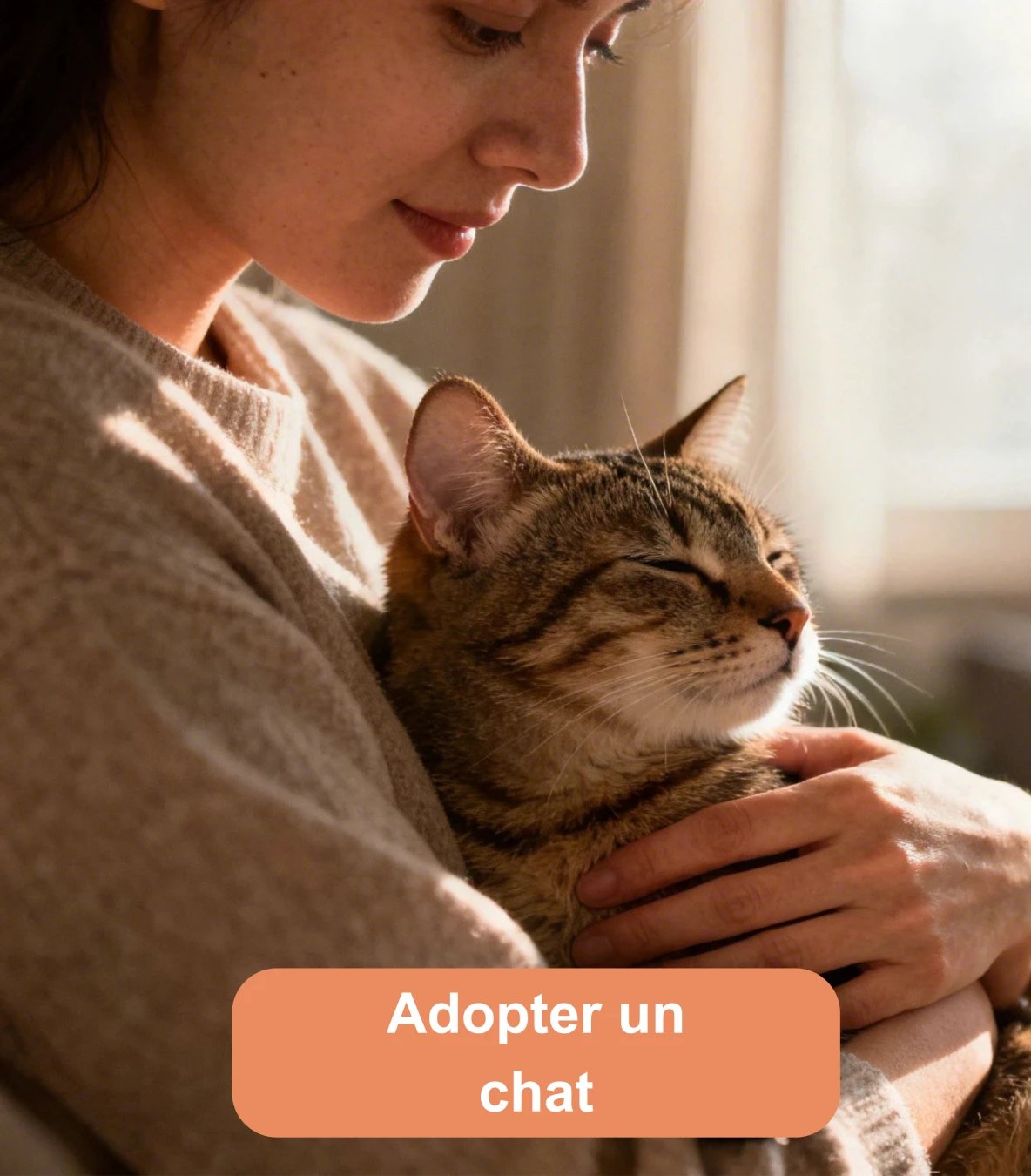 Personne câlinant un chat tigré dans une ambiance douce et lumineuse