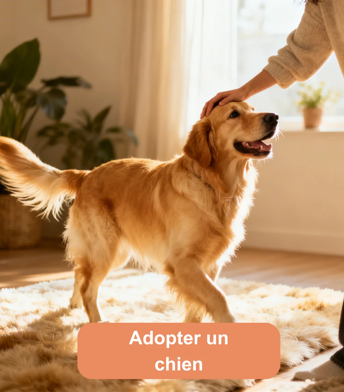Golden retriever caressé par une personne dans un intérieur lumineux