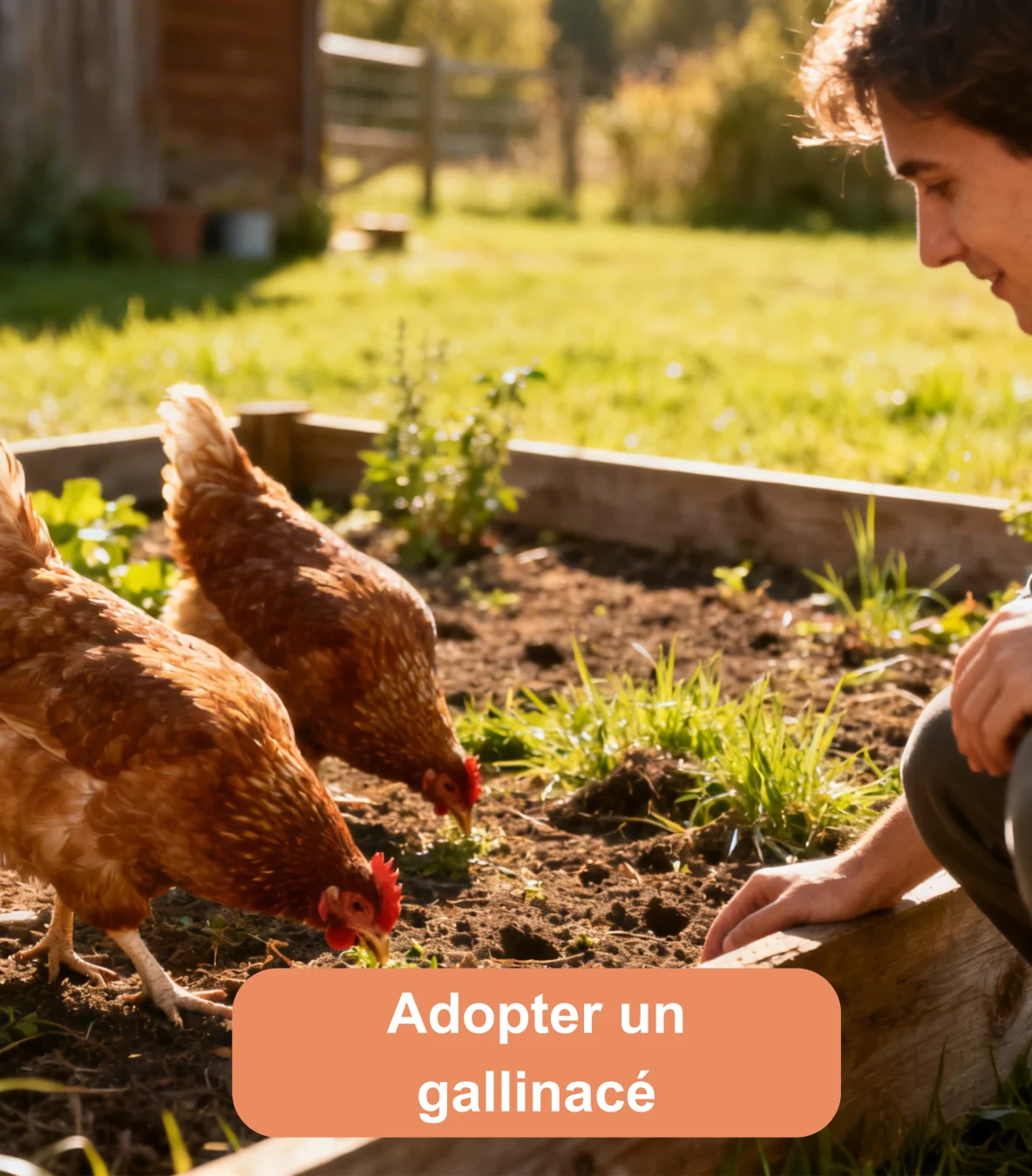 Personne observant des poules dans un jardin ensoleillé