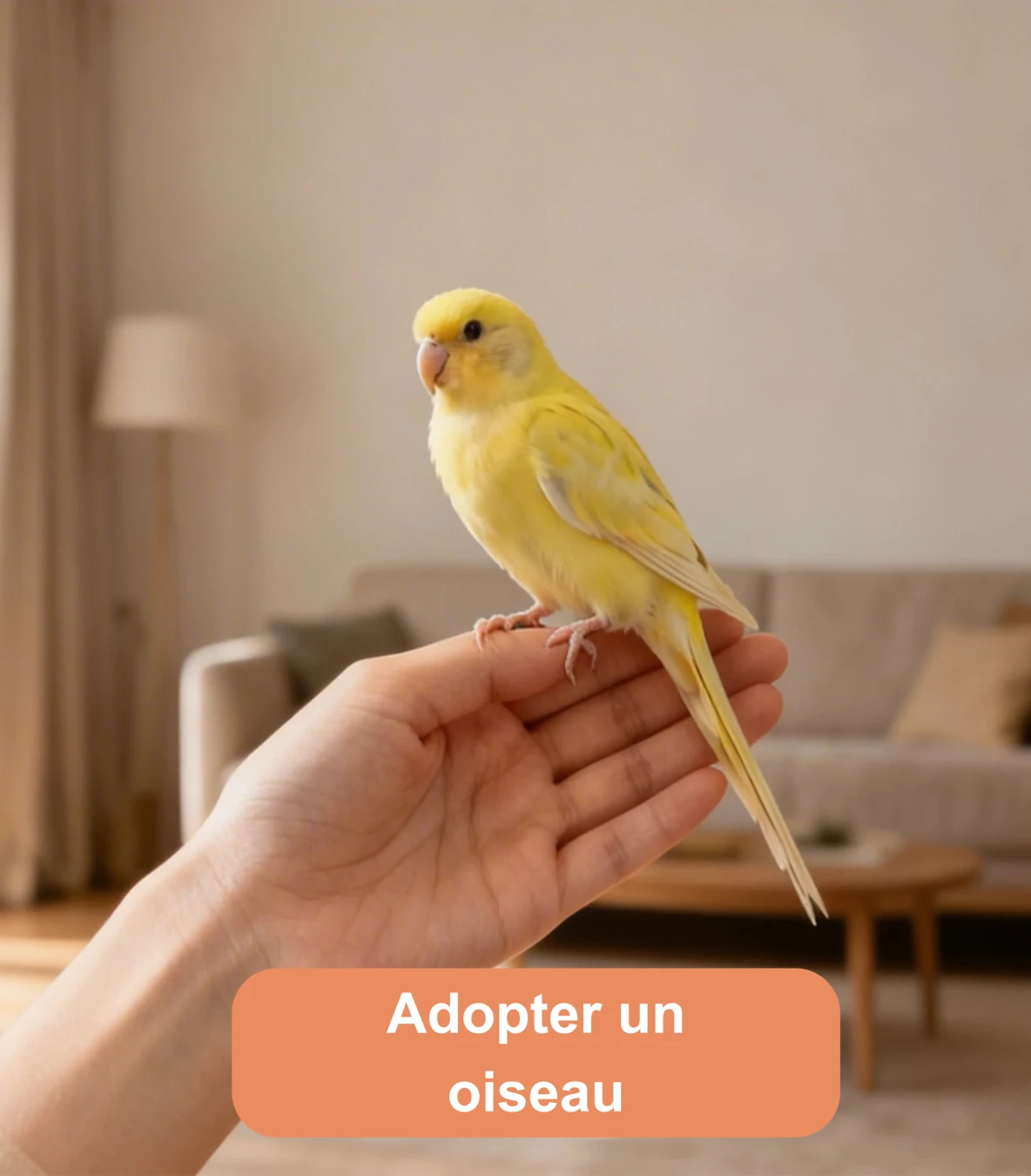 Petit oiseau jaune posé sur une main dans un intérieur lumineux