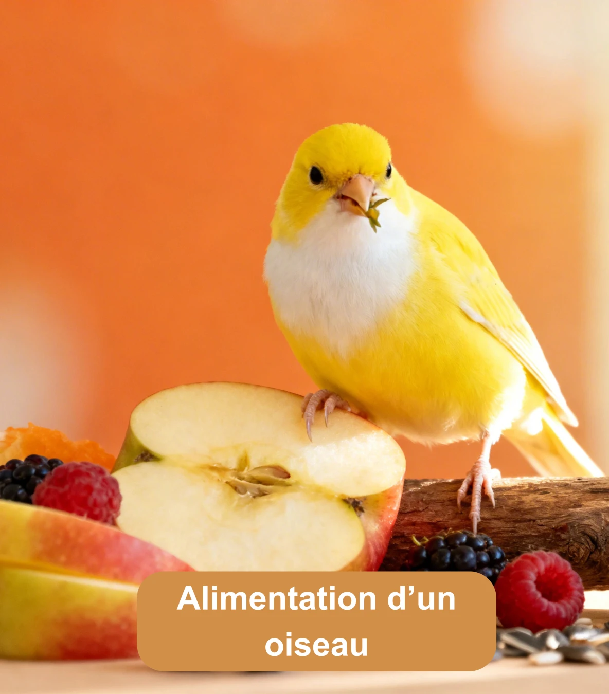 Oiseau jaune mangeant près de fruits frais et de graines